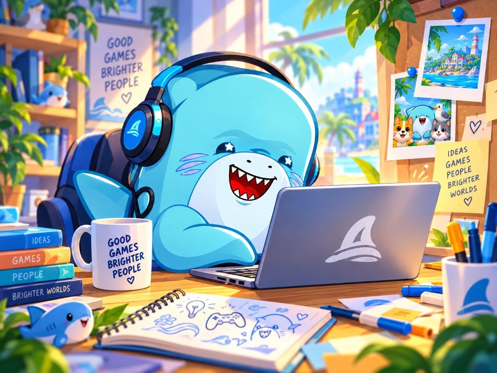 Sharky wearing headphones and working on a laptop at a sunny studio desk