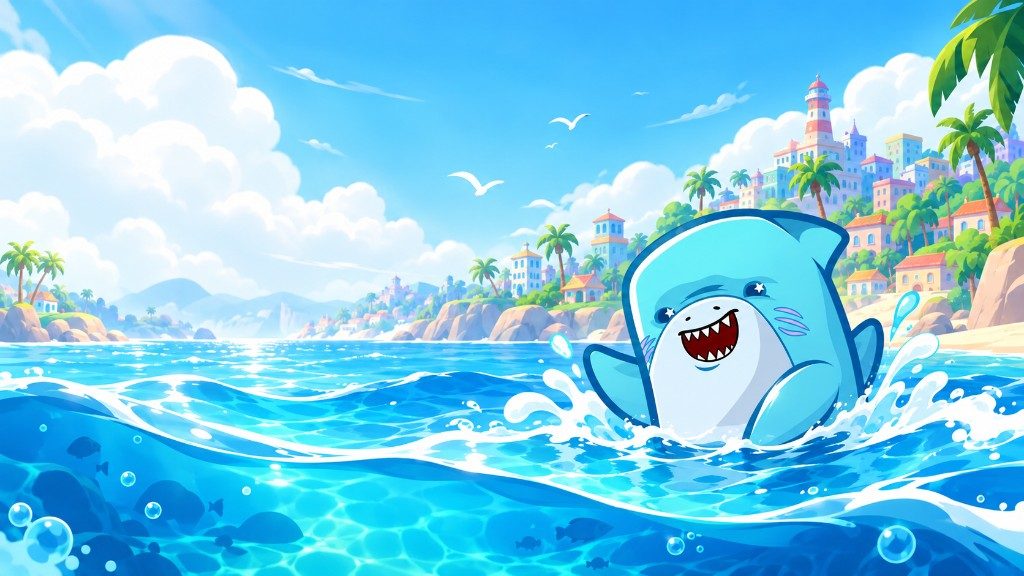 Sharky, the Shark Fin Studios mascot, splashing in the ocean in front of a sunny seaside city