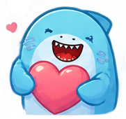 Sharky hugging a big pink heart