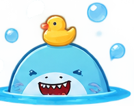 Sharky peeking out of the water with a rubber duck